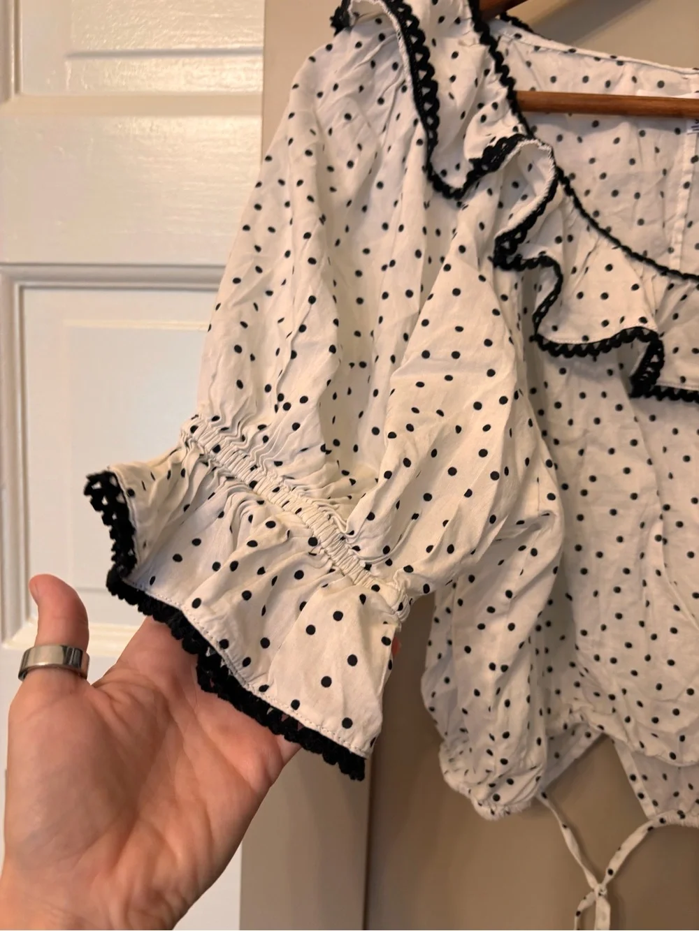 Reformation White Polka Dot Ruffle Tie-Front Blouse